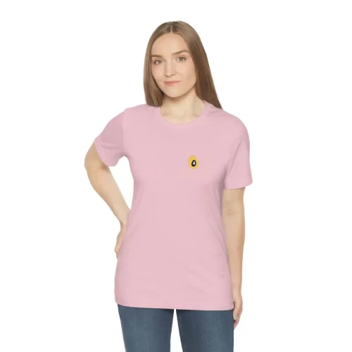 Female Model Wearing Pink Unisex T Shirt Yellow Eyed Cow