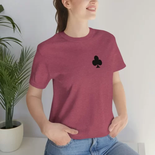 Female Model Wearing Heather Raspberry Unisex T Shirt Jack Clubs Jack Diamond