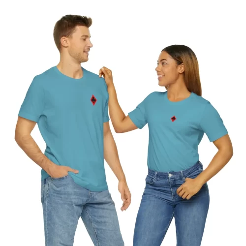 Couple Models Wearing Ocean Blue Unisex T Shirt Queen of Diamonds Queen of Clubs