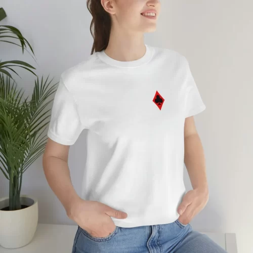 Female Model Wearing White Unisex T Shirt Queen of Diamonds Queen of Clubs