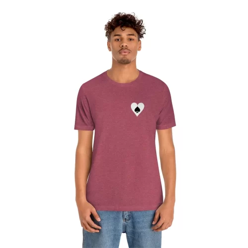Male Model Wearing Heather Raspberry Unisex T Shirt Queen Heart Ace Of Spades