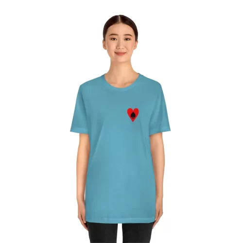 Female Model Wearing Ocean Blue Unisex T Shirt Queen Heart Ace Of Spades
