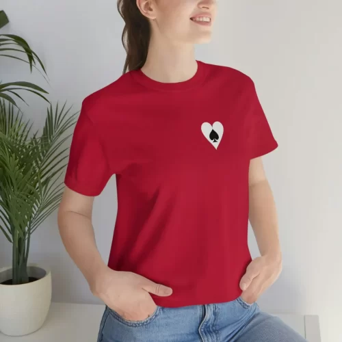 Female Model Wearing Red Unisex T Shirt Queen Heart Ace Of Spades