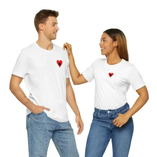 Couple Models Wearing White Unisex T Shirt Queen Heart Ace Of Spades