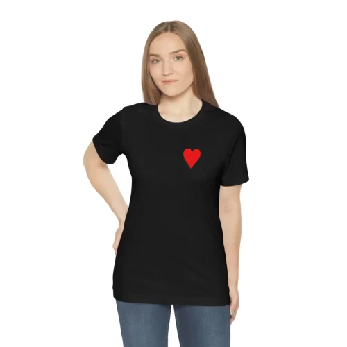 Female Model Wearing Black Unisex T Shirt Queen Heart Ace Of Spades
