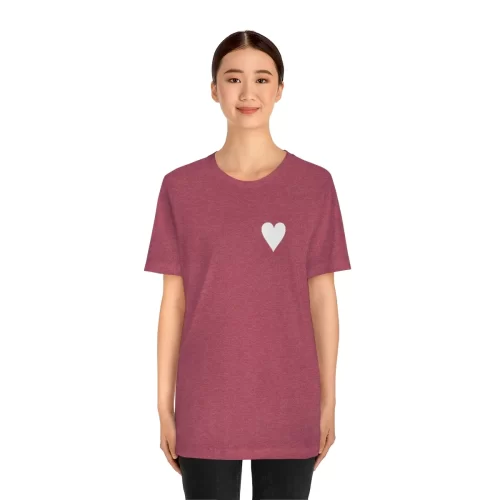 Female Model Wearing Heather Raspberry Unisex T Shirt Queen Heart Ace Of Spades