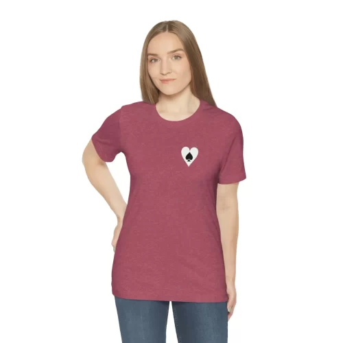 Female Model Wearing Heather Raspberry Unisex T Shirt Queen Heart Jack Spades
