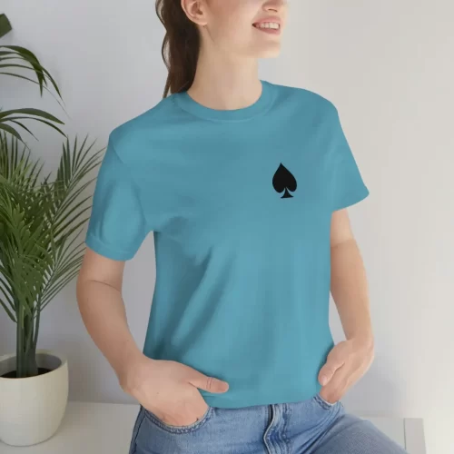Female Model Wearing Ocean Blue Unisex T Shirt Queen Spades Cutting Hair
