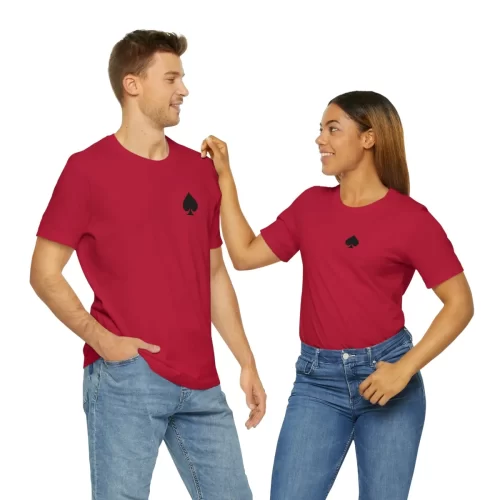 Couple Models Wearing Red Unisex T Shirt Queen Spades Cutting Hair
