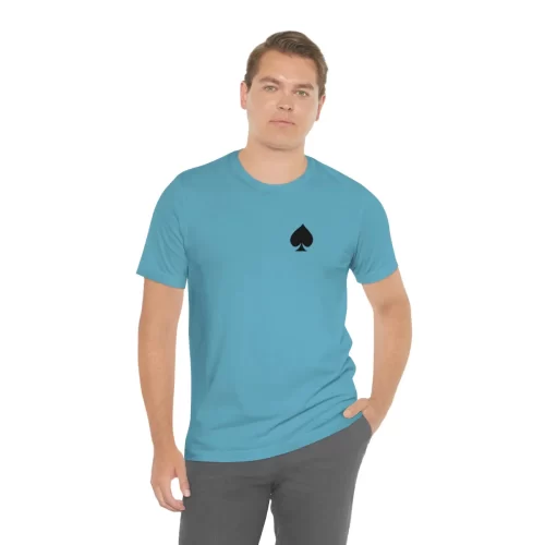 Male Model Wearing Ocean Blue Unisex T Shirt Queen And Joker