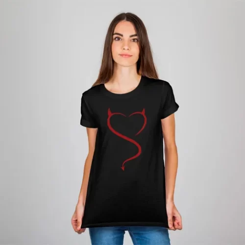 Female Model Wearing Black Devil Heart Unisex TShirt