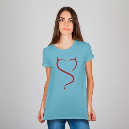 Female Model Wearing Ocean Blue Devil Heart Unisex TShirt
