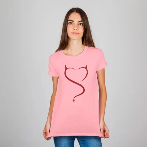Female Model Wearing Pink Devil Heart Unisex TShirt