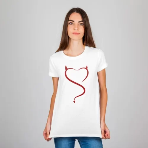 Female Model Wearing White Devil Heart Unisex TShirt