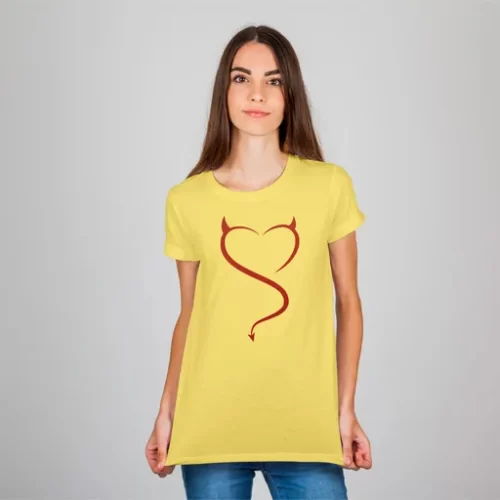 Female Model Wearing Yellow Devil Heart Unisex TShirt