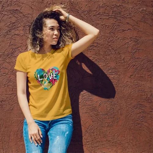 Female Model Wearing Mustard Doodle LOVE Unisex T-Shirt