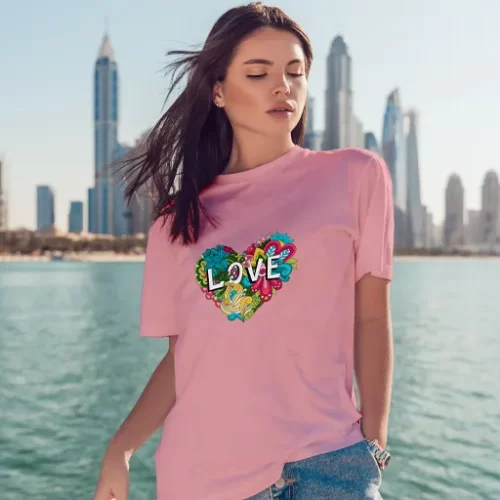 Female Model Wearing Pink Doodle LOVE Unisex T-Shirt