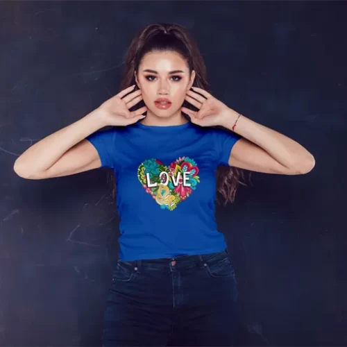 Female Model Wearing True Royal Doodle LOVE Unisex T-Shirt