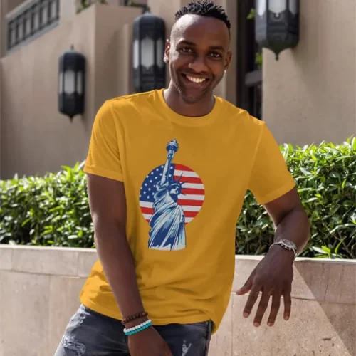 Male Model Wearing Mustard Liberty Unisex T Shirt
