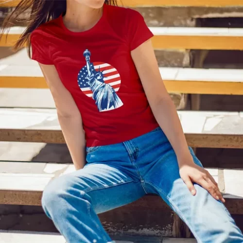 Female Model Wearing Red Liberty Unisex T Shirt