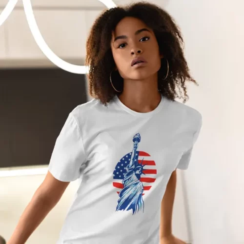 Female Model Wearing White Liberty Unisex T Shirt